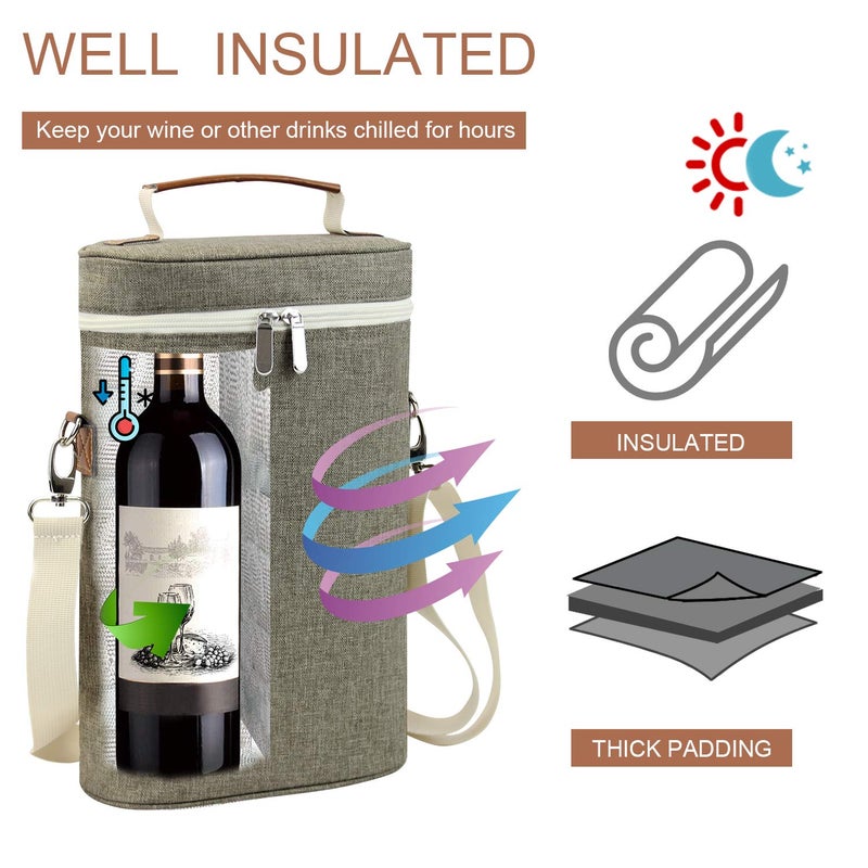 ZORMY 3 Bottle Insulated Wine Tote Cooler Bag, Portable Carrier with Corkscrew Opener and Shoulder Strap for Beach Travel Picnic, Unique Gift for Wine Lovers, Brushed Khaki - Image 2